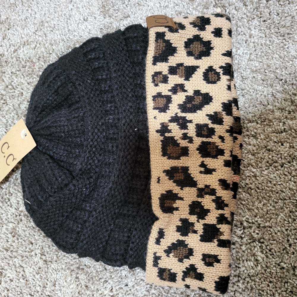 C.C Black and Tan Leopard Knit Hat with Trendy Design